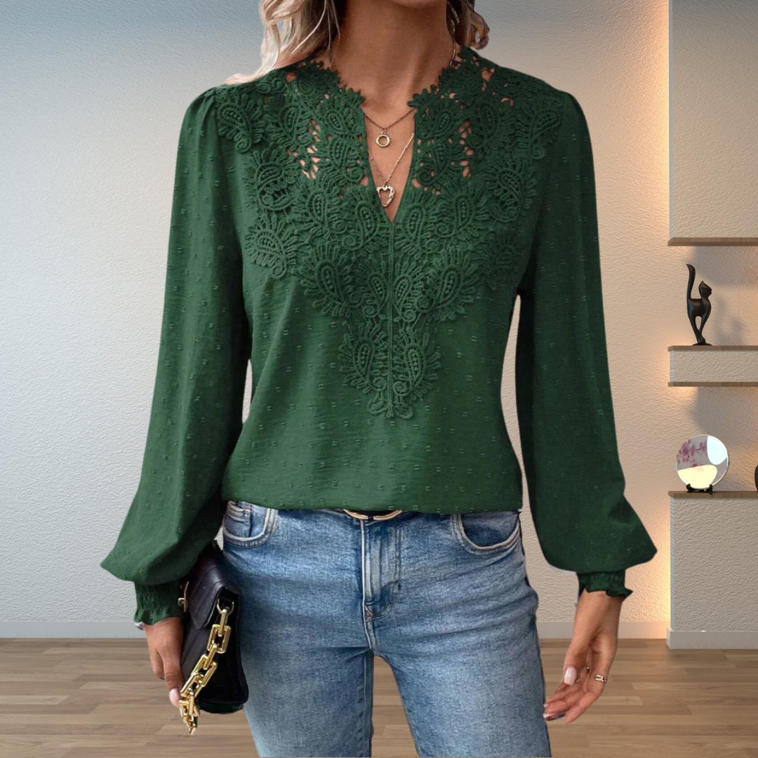 Elegant Crochet Lace Blouse for Women with V Neck Balloon Sleeve Smocked Cuff Casual Style