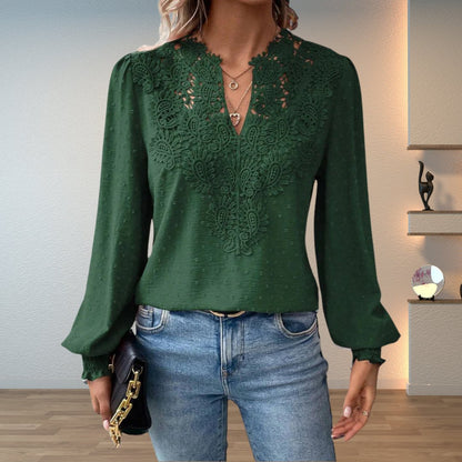 Elegant Crochet Lace Blouse for Women with V Neck Balloon Sleeve Smocked Cuff Casual Style