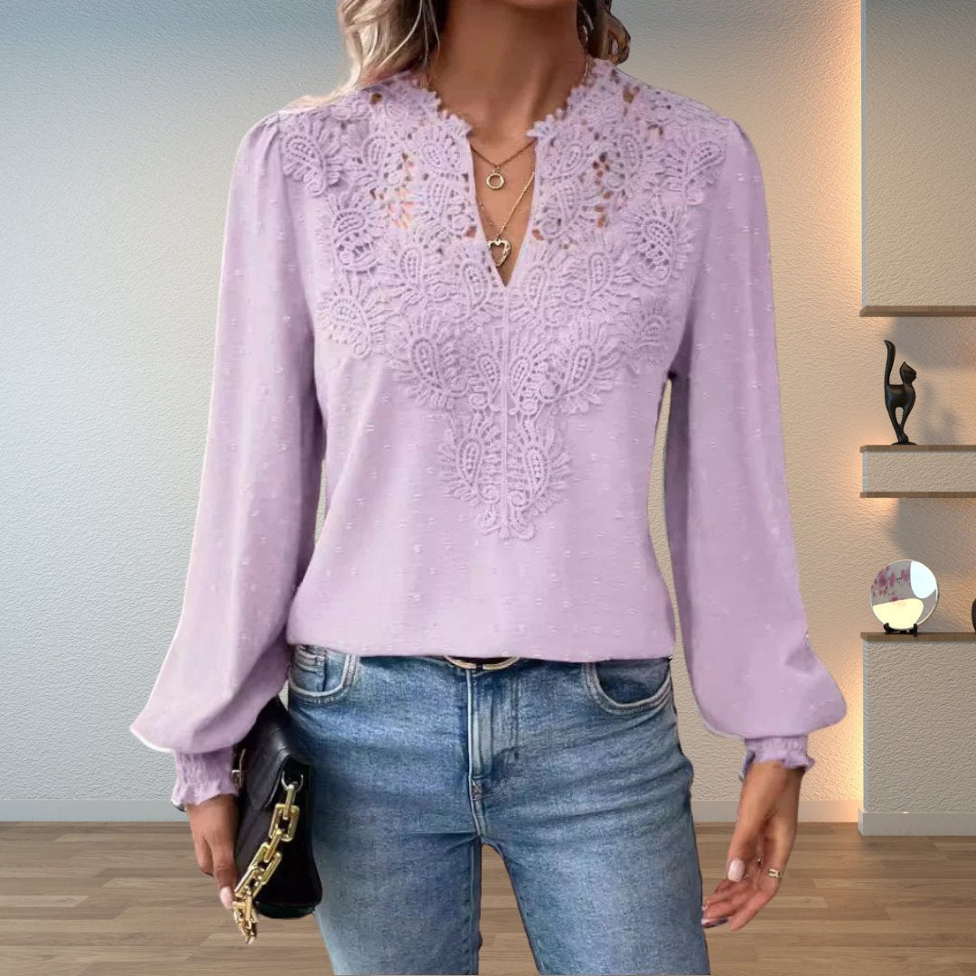 Elegant Crochet Lace Blouse for Women with V Neck Balloon Sleeve Smocked Cuff Casual Style