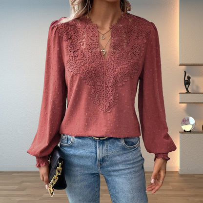 Elegant Crochet Lace Blouse for Women with V Neck Balloon Sleeve Smocked Cuff Casual Style