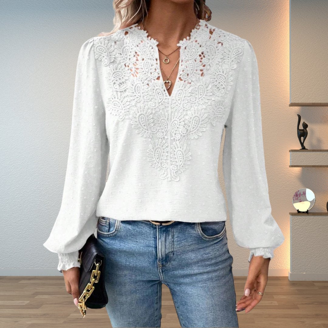 Elegant Crochet Lace Blouse for Women with V Neck Balloon Sleeve Smocked Cuff Casual Style