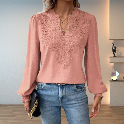 Elegant Crochet Lace Blouse for Women with V Neck Balloon Sleeve Smocked Cuff Casual Style