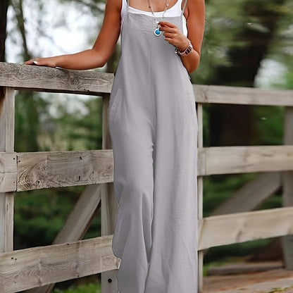 Effortless Linen Wide Leg Jumpsuit for Women with Square Neck Sleeveless Pocket Relaxed Casual Style