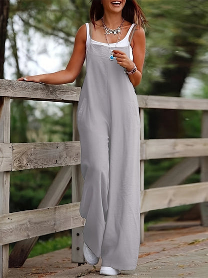 Effortless Linen Wide Leg Jumpsuit for Women with Square Neck Sleeveless Pocket Relaxed Casual Style