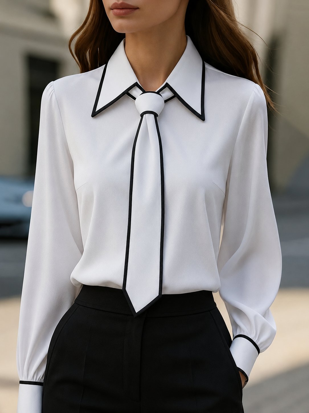 Elegant Satin Blouse for Women with Point Collar Long Sleeve Tie Neck Contrast Trim Style