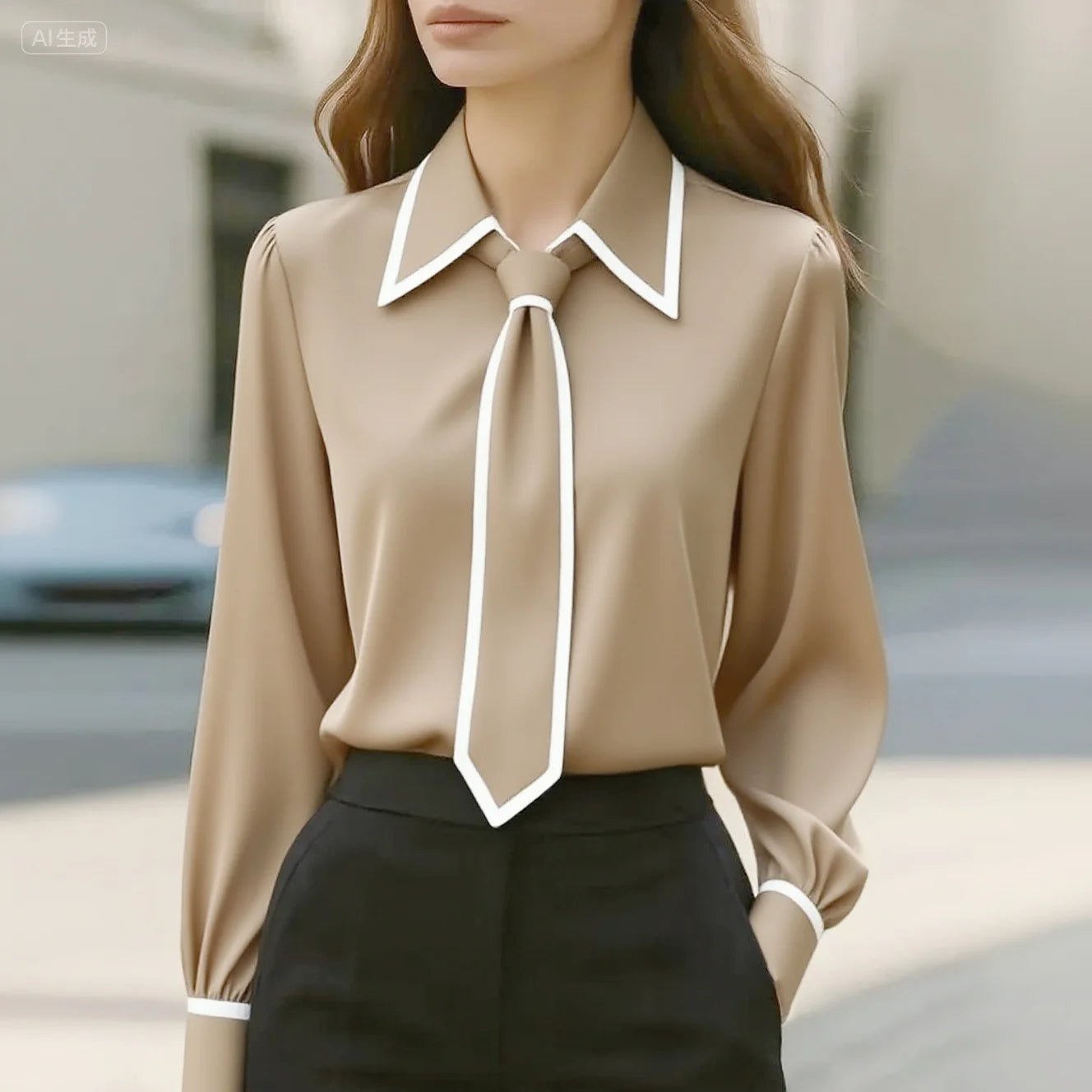 Elegant Satin Blouse for Women with Point Collar Long Sleeve Tie Neck Contrast Trim Style
