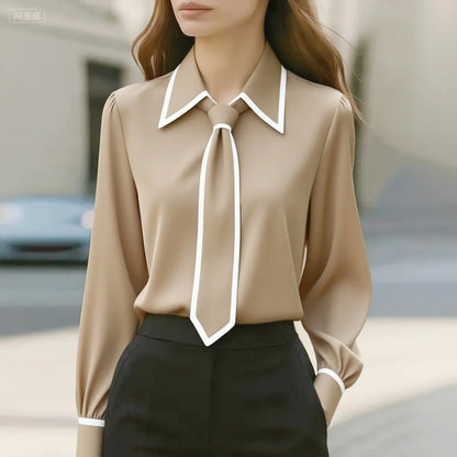 Elegant Satin Blouse for Women with Point Collar Long Sleeve Tie Neck Contrast Trim Style