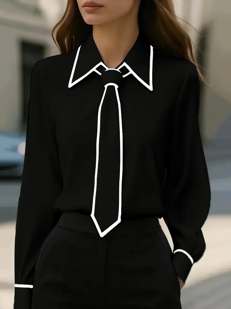 Elegant Satin Blouse for Women with Point Collar Long Sleeve Tie Neck Contrast Trim Style