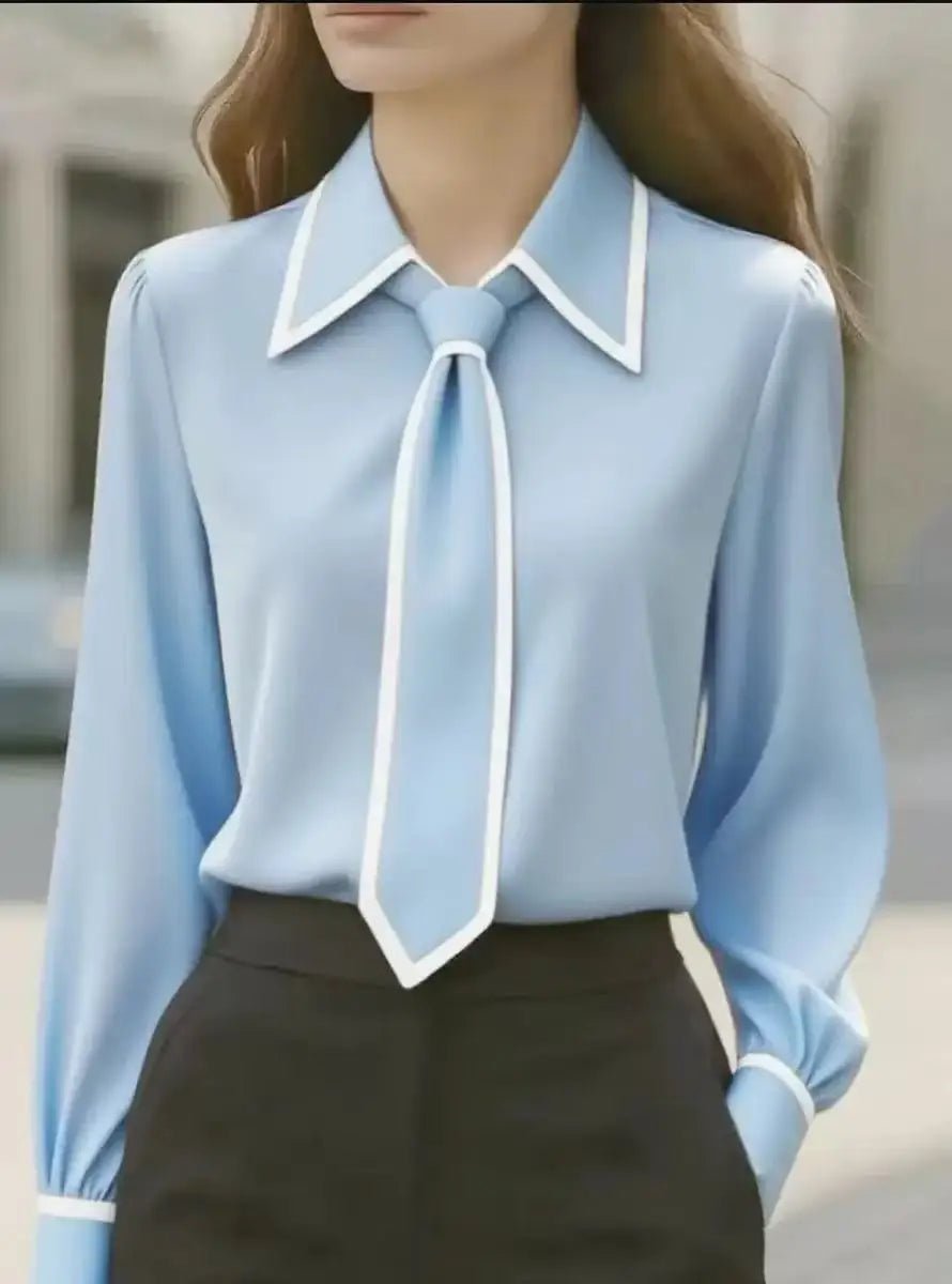 Elegant Satin Blouse for Women with Point Collar Long Sleeve Tie Neck Contrast Trim Style