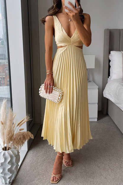 Elegant Yellow Pleated Maxi Dress for Women with V Neck Twist Front Sleeveless Formal Wedding Guest Style