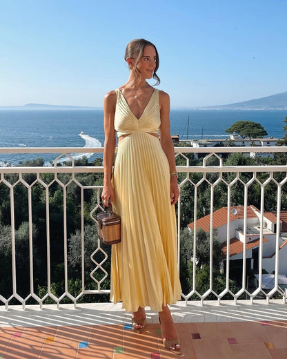 Elegant Yellow Pleated Maxi Dress for Women with V Neck Twist Front Sleeveless Formal Wedding Guest Style
