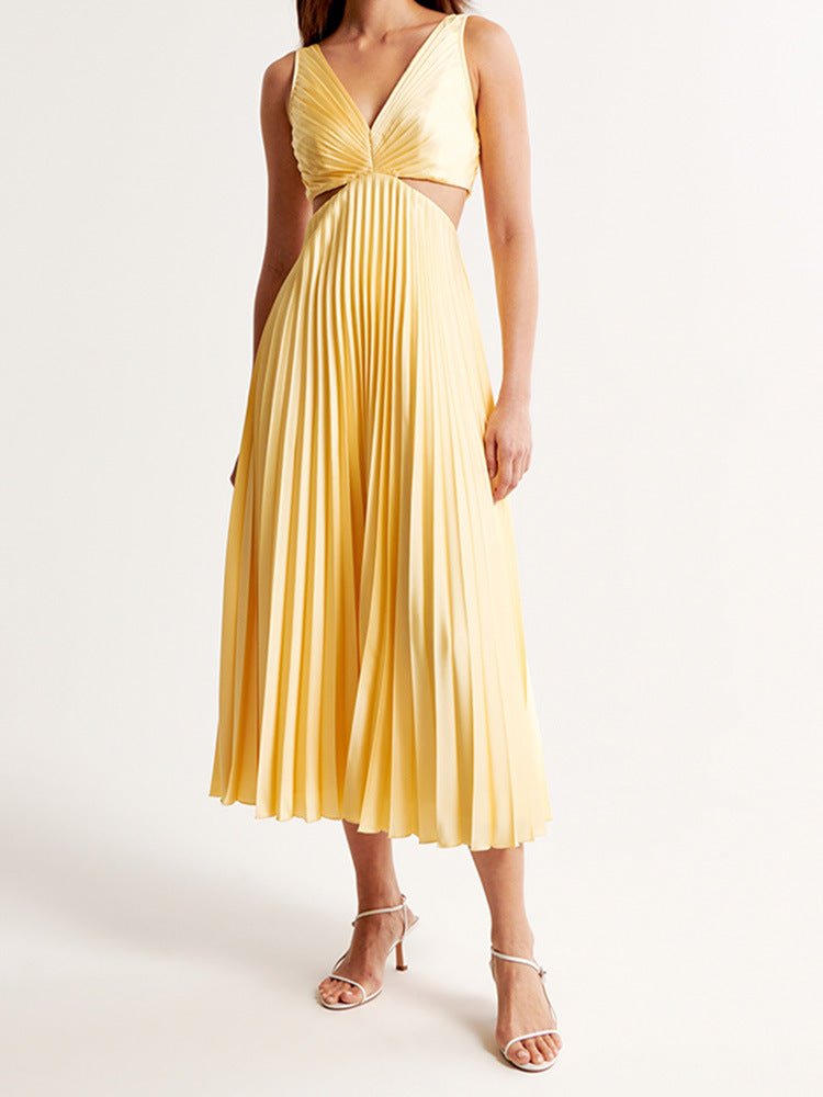 Elegant Yellow Pleated Maxi Dress for Women with V Neck Twist Front Sleeveless Formal Wedding Guest Style