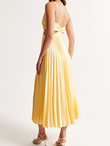 Elegant Yellow Pleated Maxi Dress for Women with V Neck Twist Front Sleeveless Formal Wedding Guest Style