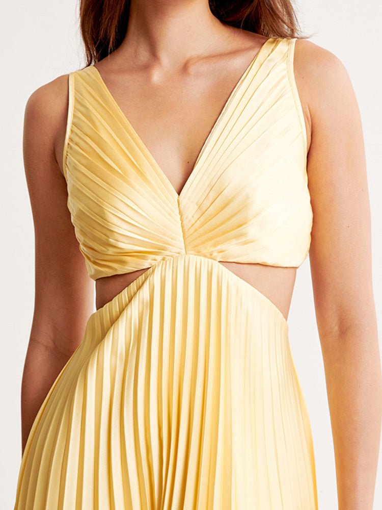 Elegant Yellow Pleated Maxi Dress for Women with V Neck Twist Front Sleeveless Formal Wedding Guest Style