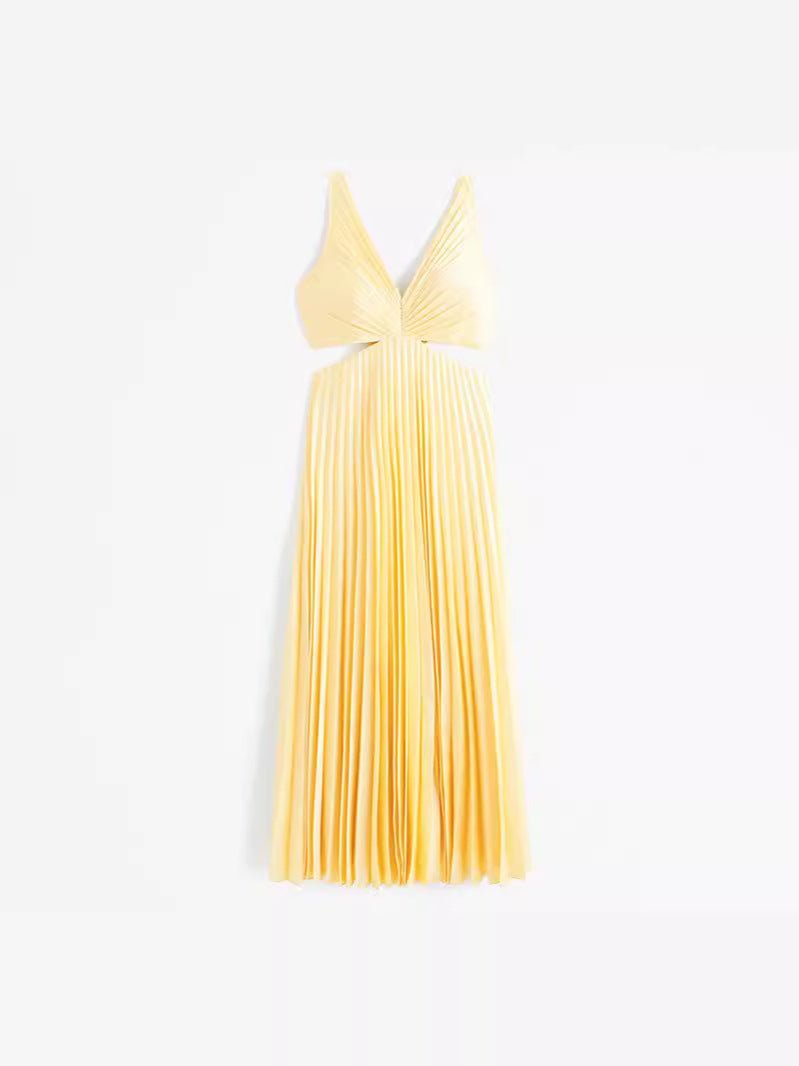 Elegant Yellow Pleated Maxi Dress for Women with V Neck Twist Front Sleeveless Formal Wedding Guest Style