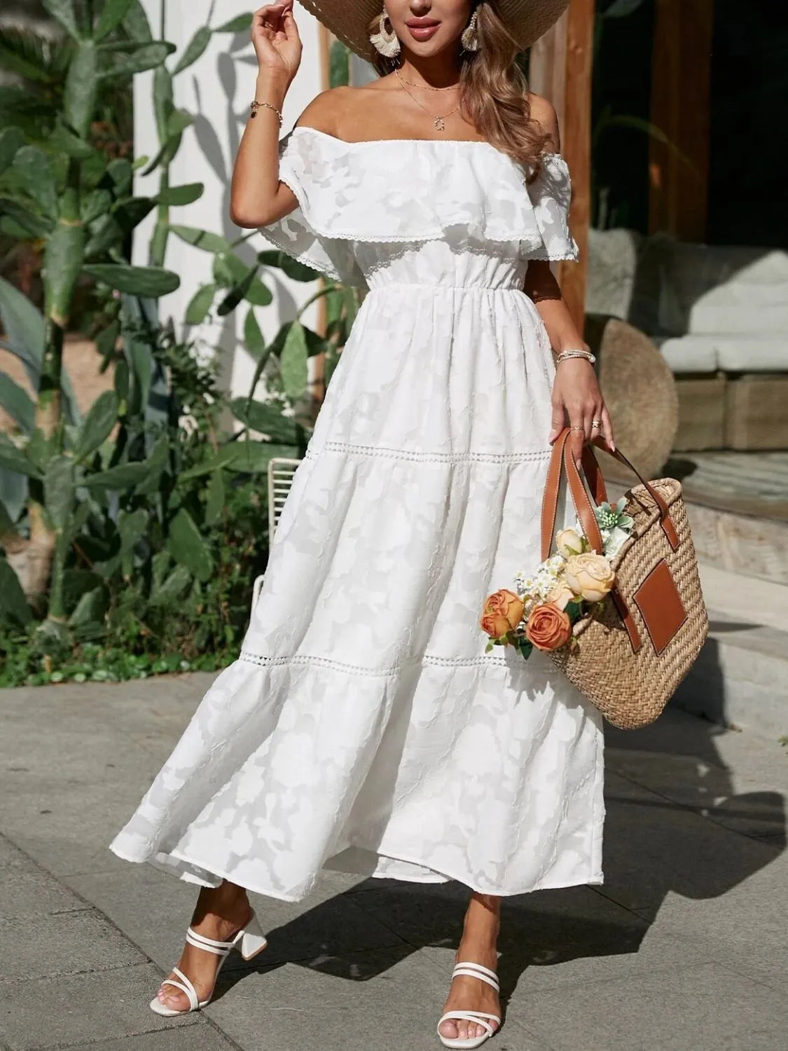 Elegant Off Shoulder Maxi Dress for Women with Smocked Bodice Tiered Skirt Formal Wedding Guest Style