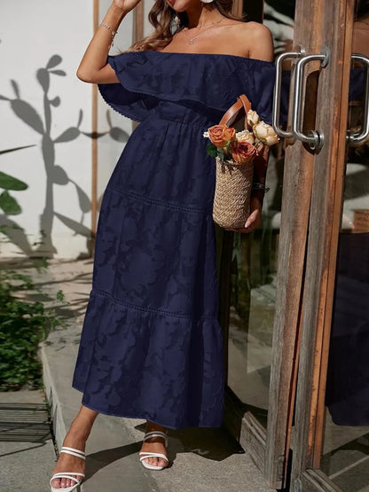 Elegant Off Shoulder Maxi Dress for Women with Smocked Bodice Tiered Skirt Formal Wedding Guest Style