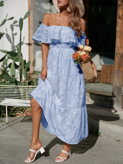 Elegant Off Shoulder Maxi Dress for Women with Smocked Bodice Tiered Skirt Formal Wedding Guest Style