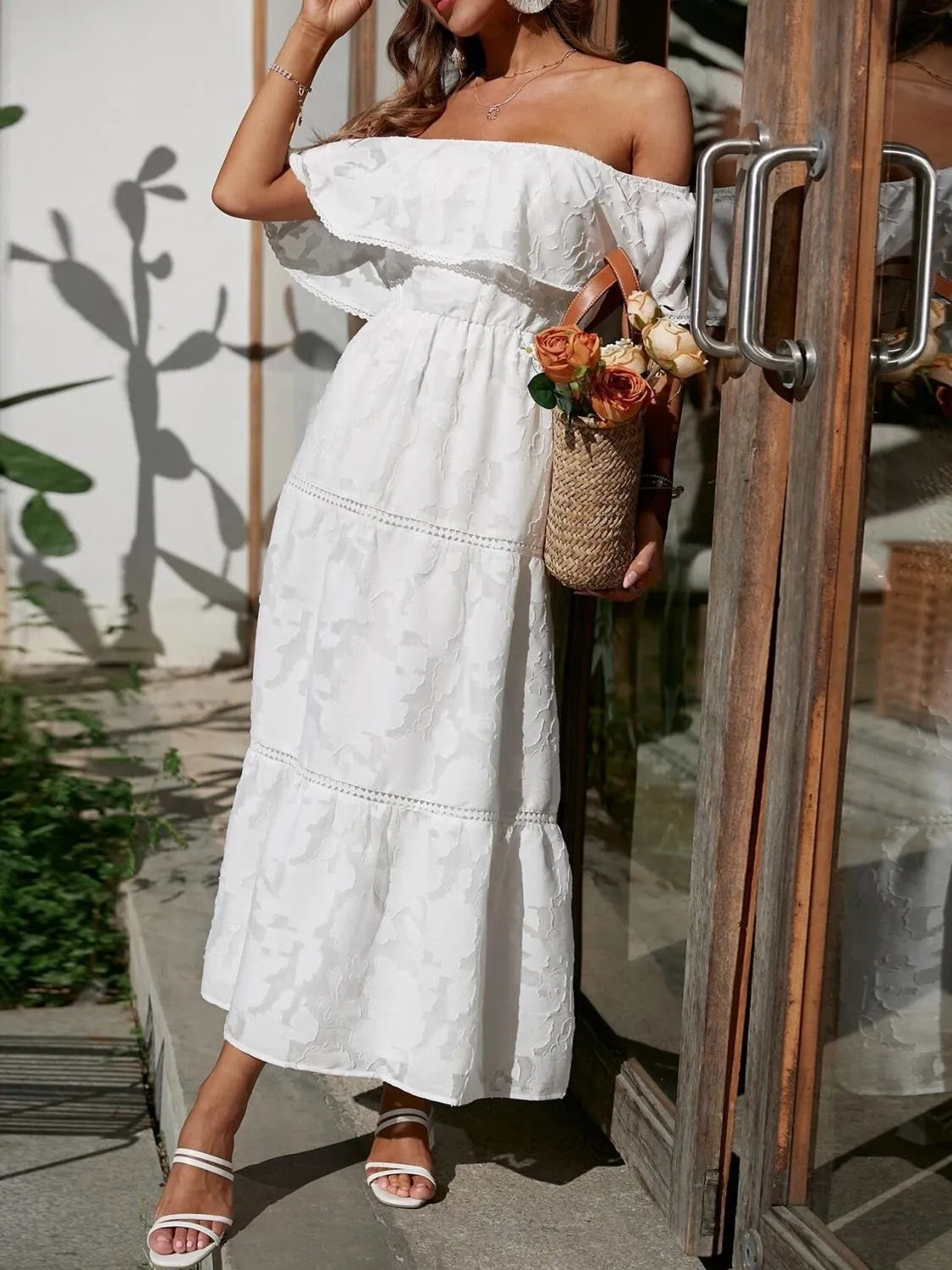 Elegant Off Shoulder Maxi Dress for Women with Smocked Bodice Tiered Skirt Formal Wedding Guest Style