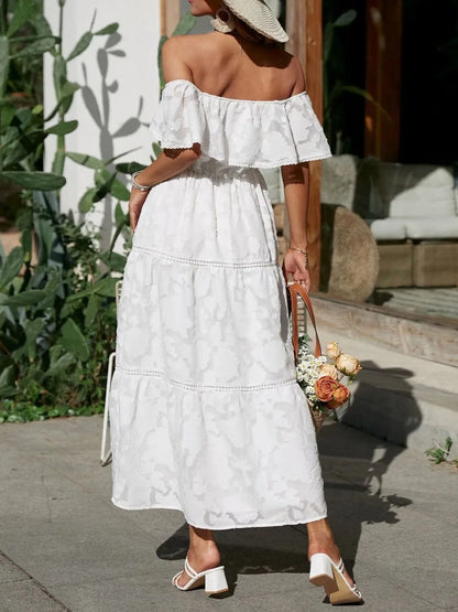 Elegant Off Shoulder Maxi Dress for Women with Smocked Bodice Tiered Skirt Formal Wedding Guest Style