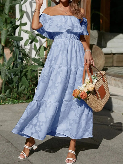 Elegant Off Shoulder Maxi Dress for Women with Smocked Bodice Tiered Skirt Formal Wedding Guest Style