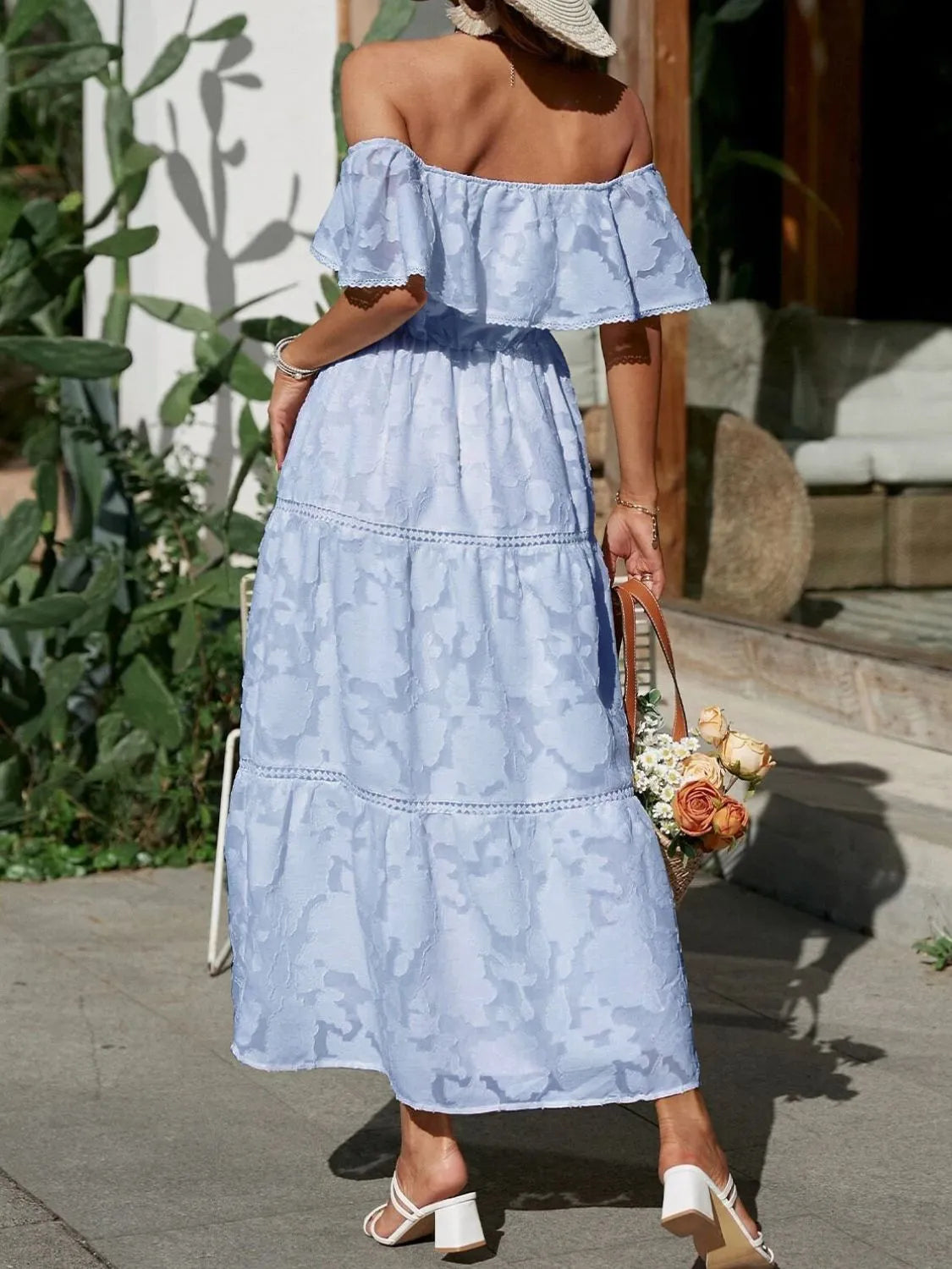 Elegant Off Shoulder Maxi Dress for Women with Smocked Bodice Tiered Skirt Formal Wedding Guest Style
