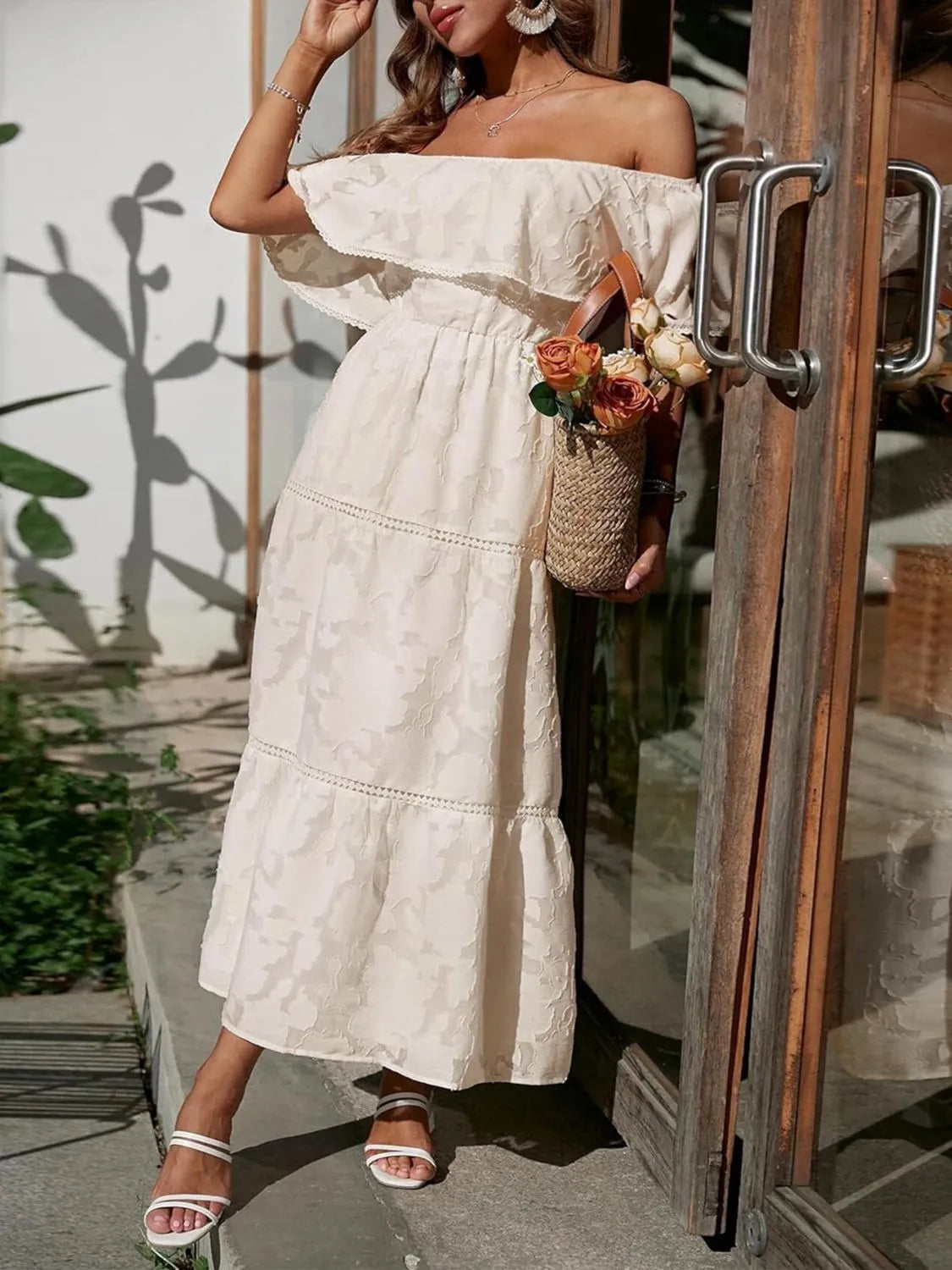 Elegant Off Shoulder Maxi Dress for Women with Smocked Bodice Tiered Skirt Formal Wedding Guest Style