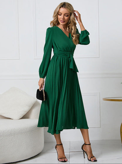 Elegant Pleated Midi Dress for Women with V Neck Long Sleeve Belted Waist Formal Wedding Guest Style