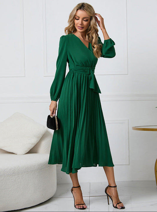 Elegant Pleated Midi Dress for Women with V Neck Long Sleeve Belted Waist Formal Wedding Guest Style