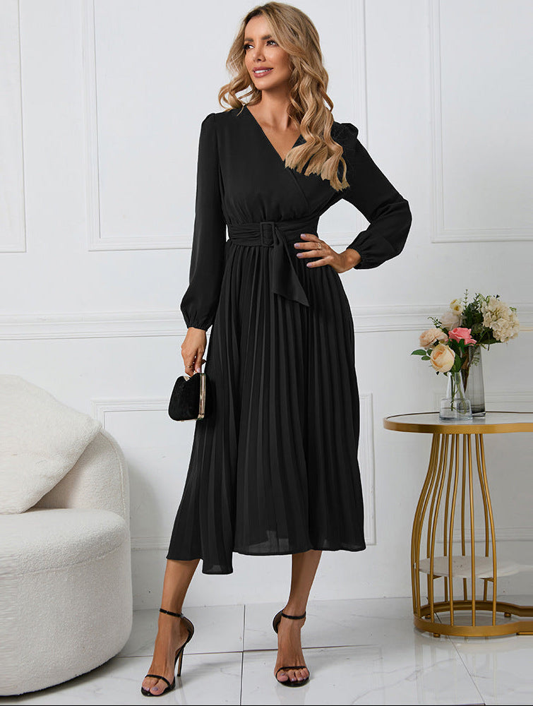 Elegant Pleated Midi Dress for Women with V Neck Long Sleeve Belted Waist Formal Wedding Guest Style