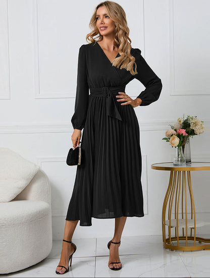 Elegant Pleated Midi Dress for Women with V Neck Long Sleeve Belted Waist Formal Wedding Guest Style