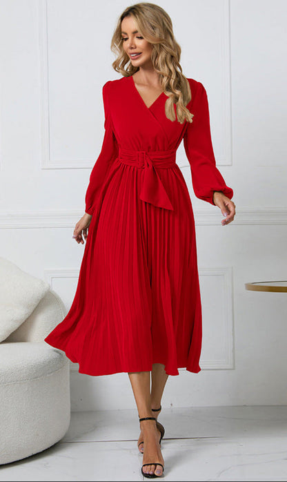 Elegant Pleated Midi Dress for Women with V Neck Long Sleeve Belted Waist Formal Wedding Guest Style