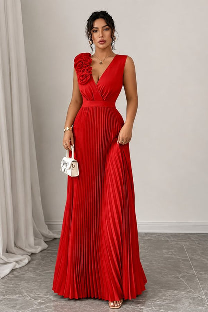 Elegant Pleated Maxi Dress for Women with V Neck Sleeveless Flowy Formal Wedding Guest Style