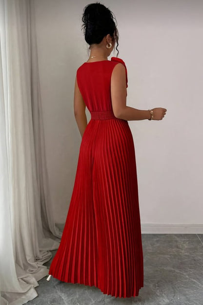 Elegant Pleated Maxi Dress for Women with V Neck Sleeveless Flowy Formal Wedding Guest Style