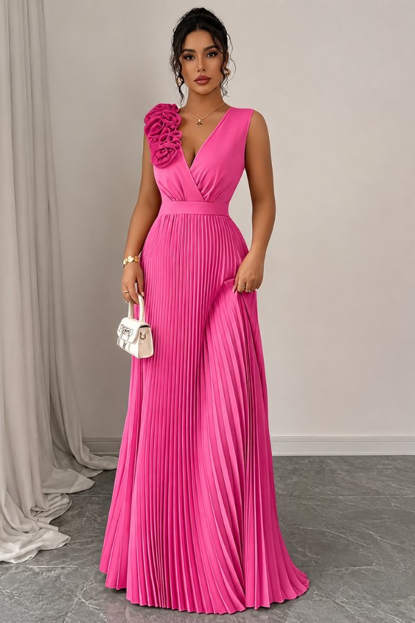 Elegant Pleated Maxi Dress for Women with V Neck Sleeveless Flowy Formal Wedding Guest Style