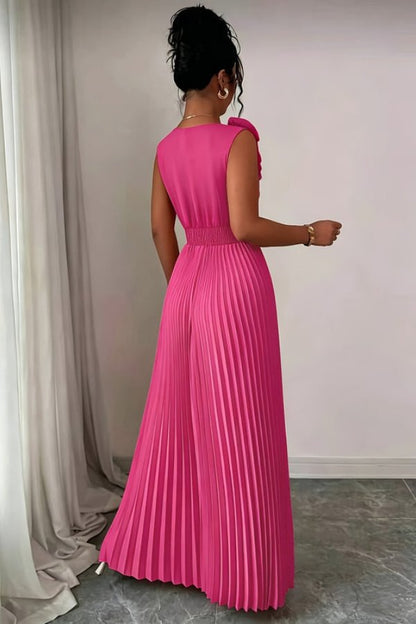 Elegant Pleated Maxi Dress for Women with V Neck Sleeveless Flowy Formal Wedding Guest Style