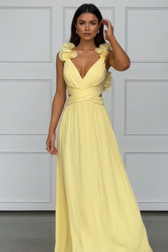 Elegant Pleated Maxi Dress for Women with V Neck Sleeveless Flowy Formal Wedding Guest Style