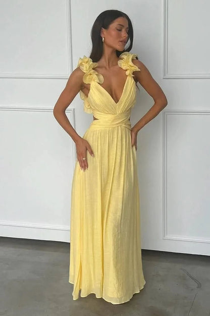 Elegant Pleated Maxi Dress for Women with V Neck Sleeveless Flowy Formal Wedding Guest Style