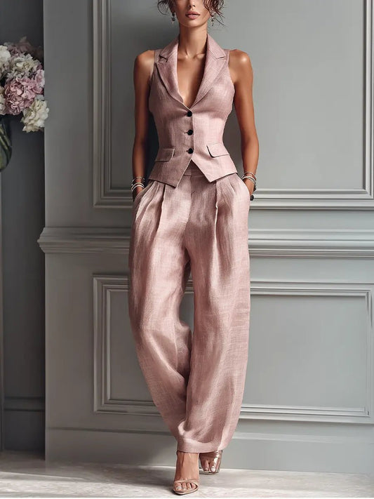 Elegant Light Pink Linen Two Piece Set for Women with Lapel Collar Sleeveless Wide Leg Pant Tailored Style