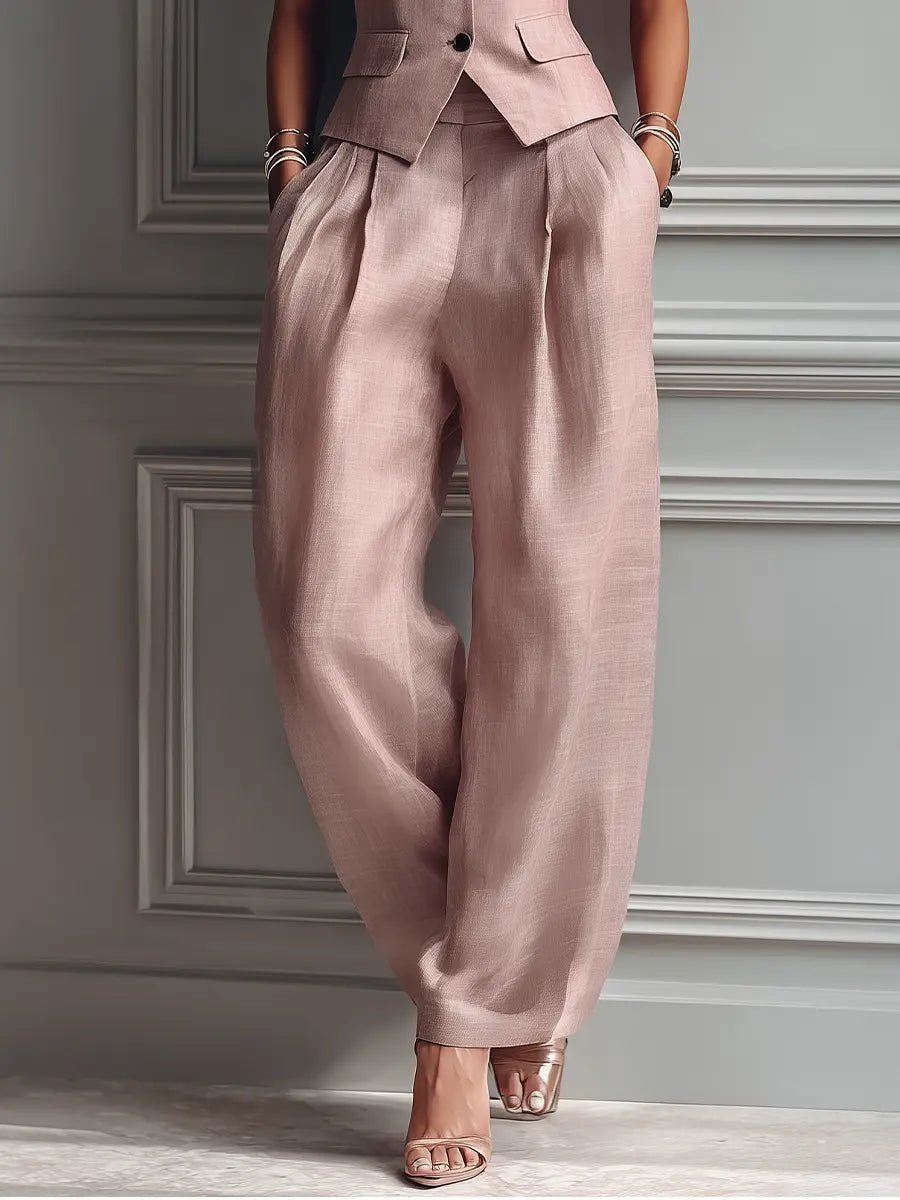 Elegant Light Pink Linen Two Piece Set for Women with Lapel Collar Sleeveless Wide Leg Pant Tailored Style