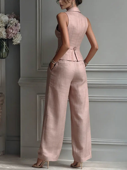 Elegant Light Pink Linen Two Piece Set for Women with Lapel Collar Sleeveless Wide Leg Pant Tailored Style