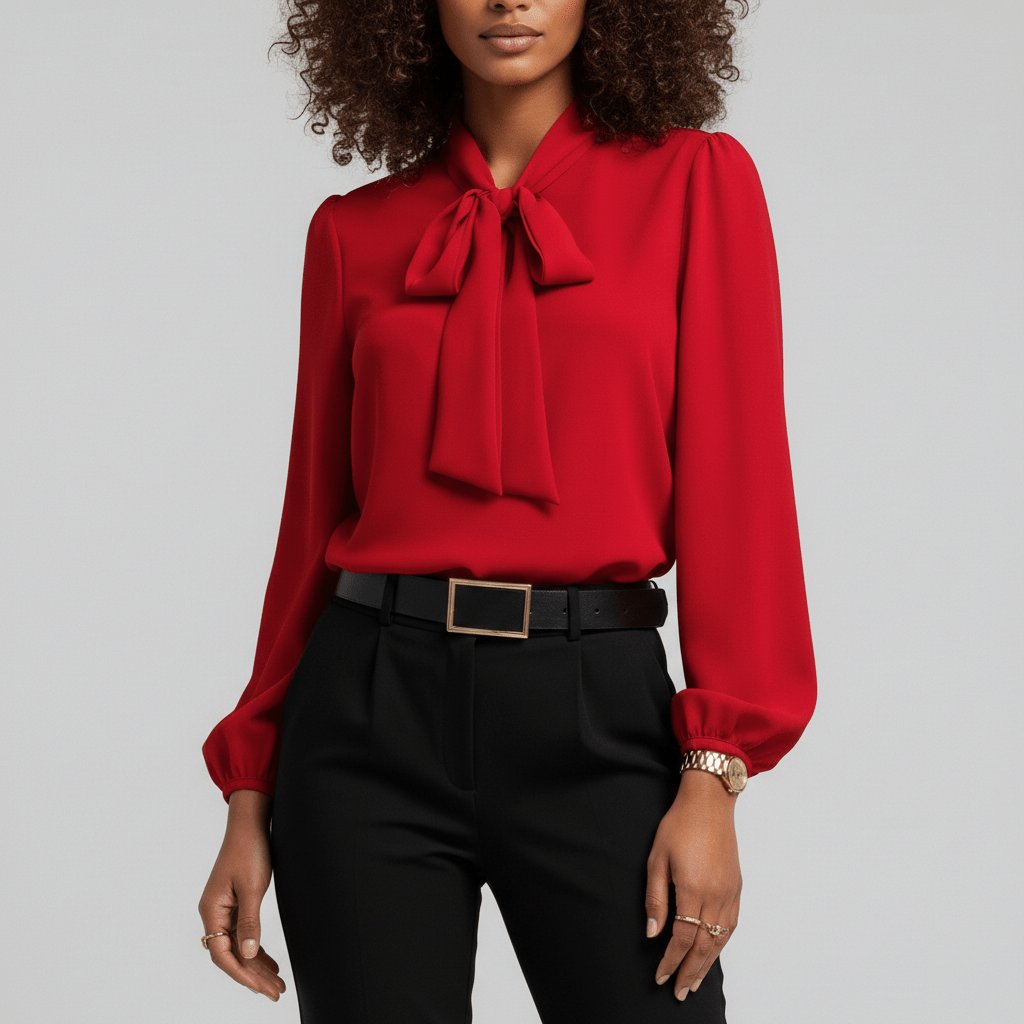 Elegant Blouse for Women with Tie Neck Long Sleeve Balloon Cuff Silky Style