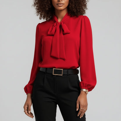 Elegant Blouse for Women with Tie Neck Long Sleeve Balloon Cuff Silky Style