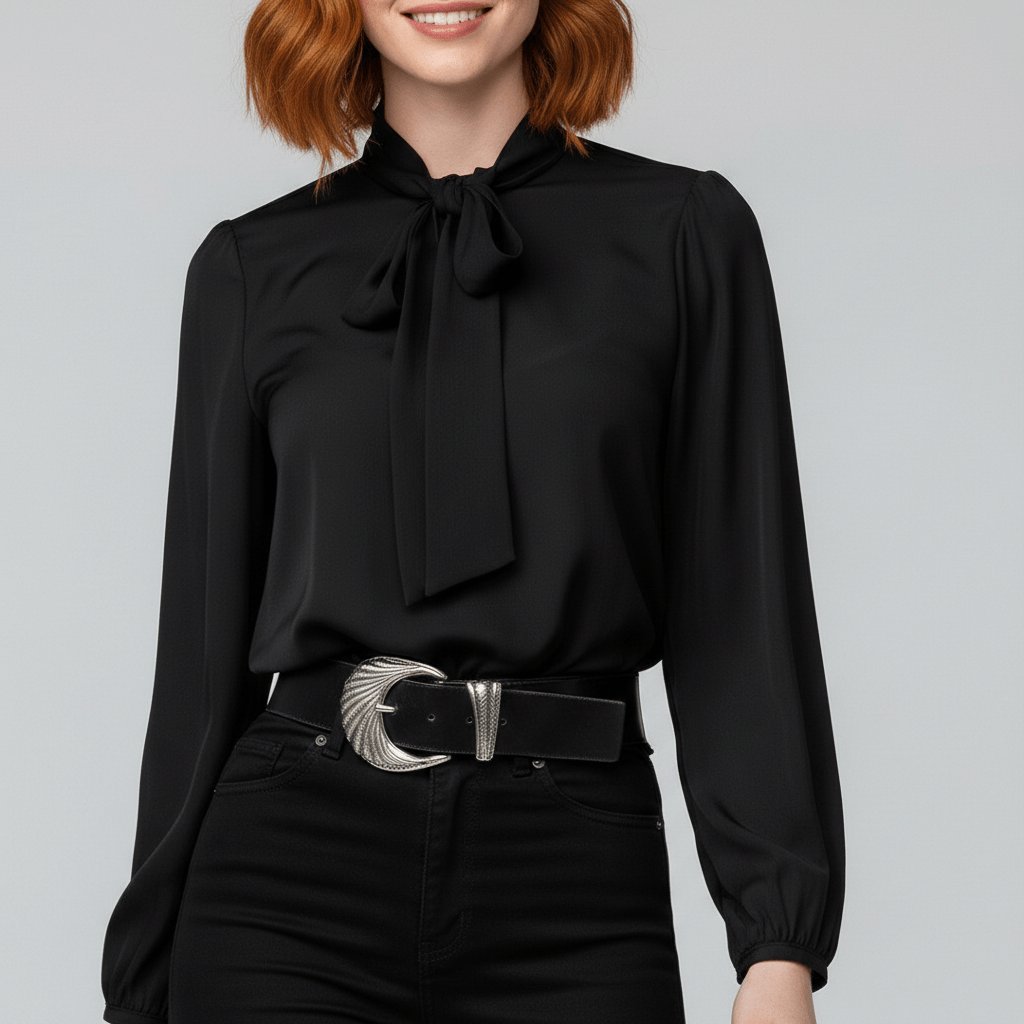 Elegant Blouse for Women with Tie Neck Long Sleeve Balloon Cuff Silky Style