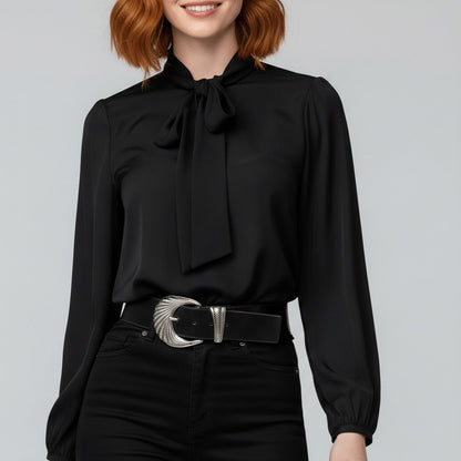 Elegant Blouse for Women with Tie Neck Long Sleeve Balloon Cuff Silky Style