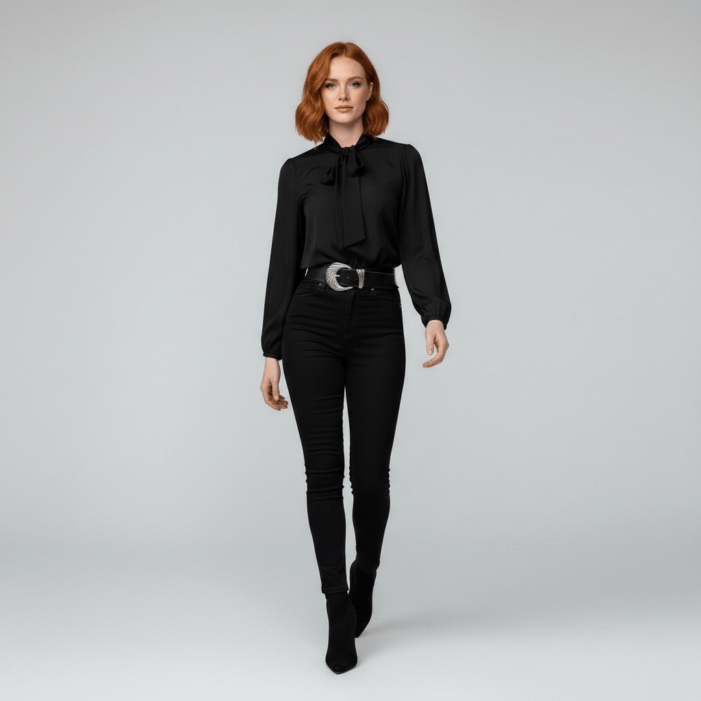 Elegant Blouse for Women with Tie Neck Long Sleeve Balloon Cuff Silky Style