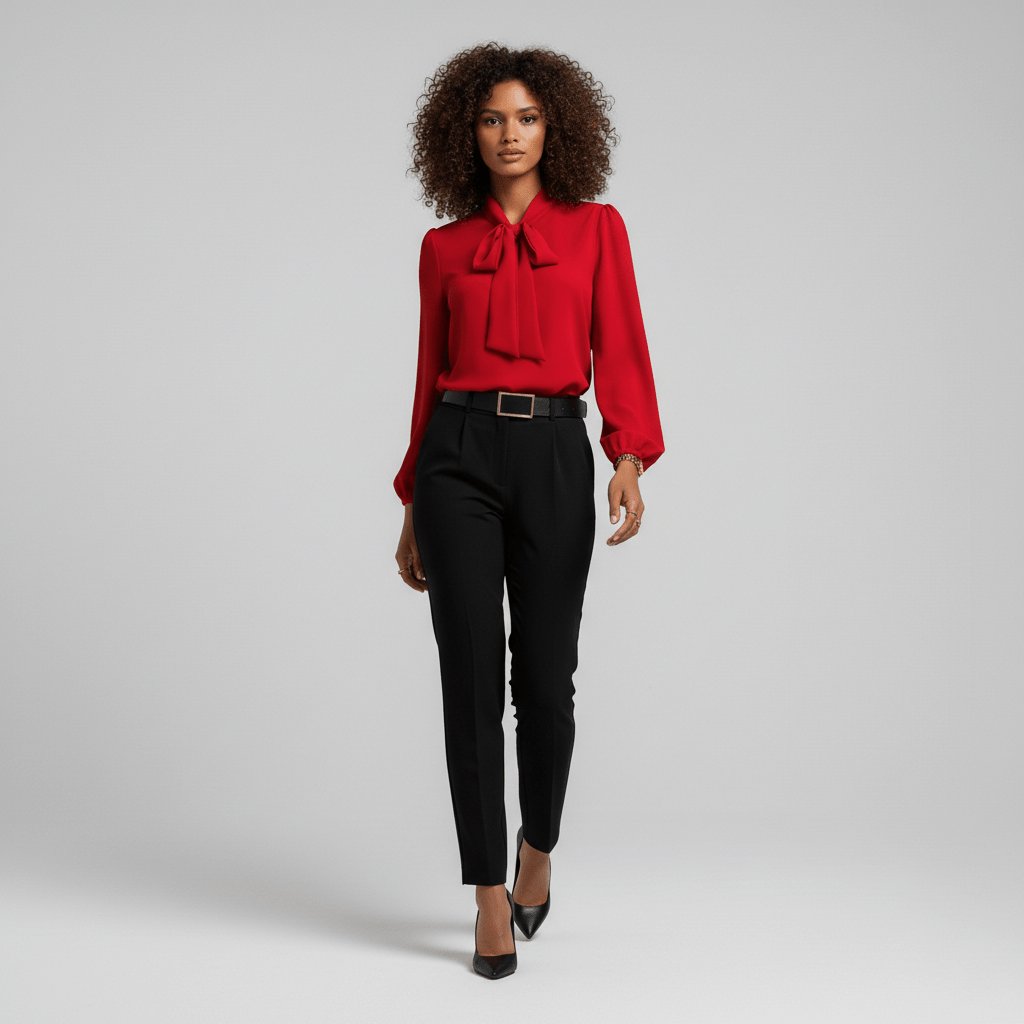 Elegant Blouse for Women with Tie Neck Long Sleeve Balloon Cuff Silky Style