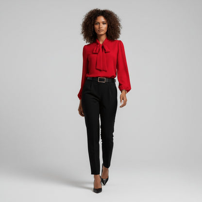 Elegant Blouse for Women with Tie Neck Long Sleeve Balloon Cuff Silky Style