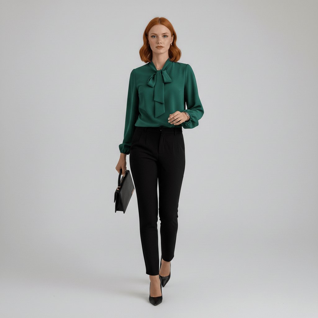 Elegant Blouse for Women with Tie Neck Long Sleeve Balloon Cuff Silky Style