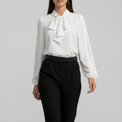 Elegant Blouse for Women with Tie Neck Long Sleeve Balloon Cuff Silky Style